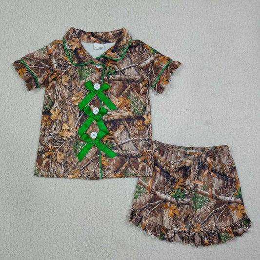 Green bow camo top matching shorts girls pajama set