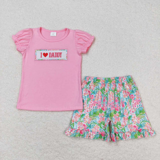 embroidery I love daddy pink shirt flora shorts outfit