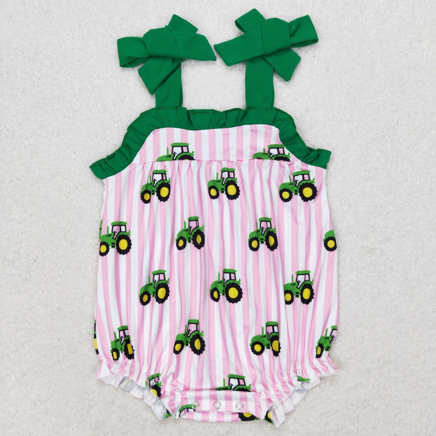 green tractor pink stripes farm romper