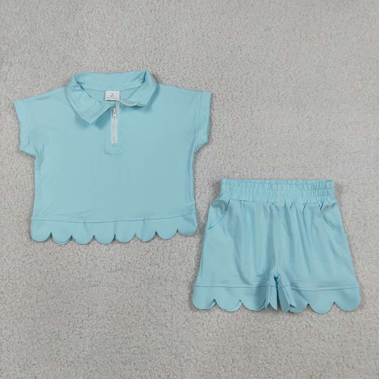 Blue short sleeve top matching shorts girls summer outfit