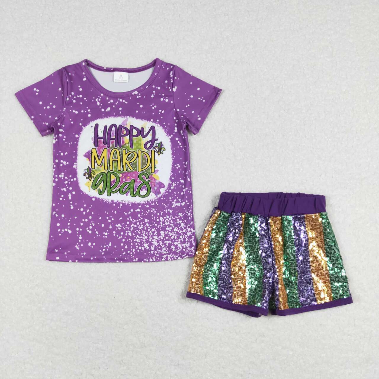 Happy Mardi Gras bleach top matching sequins shorts outfit
