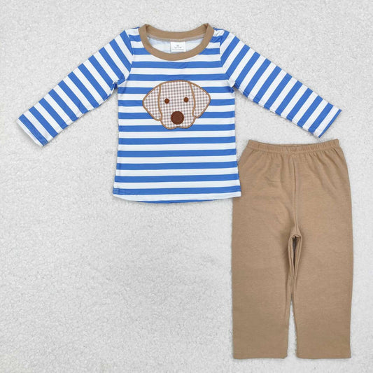 baby boy clothes blue stripes embroidery dog shirt khaki pants outfit