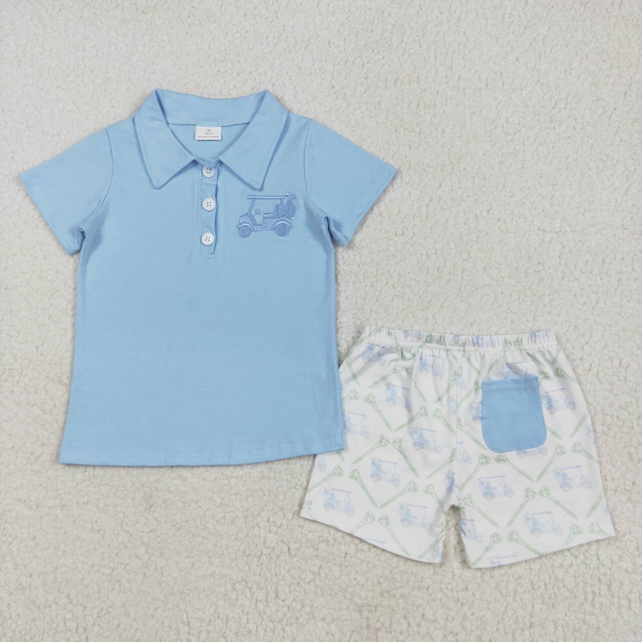 Blue embroidery shirt matching golf shorts boy summer outfit