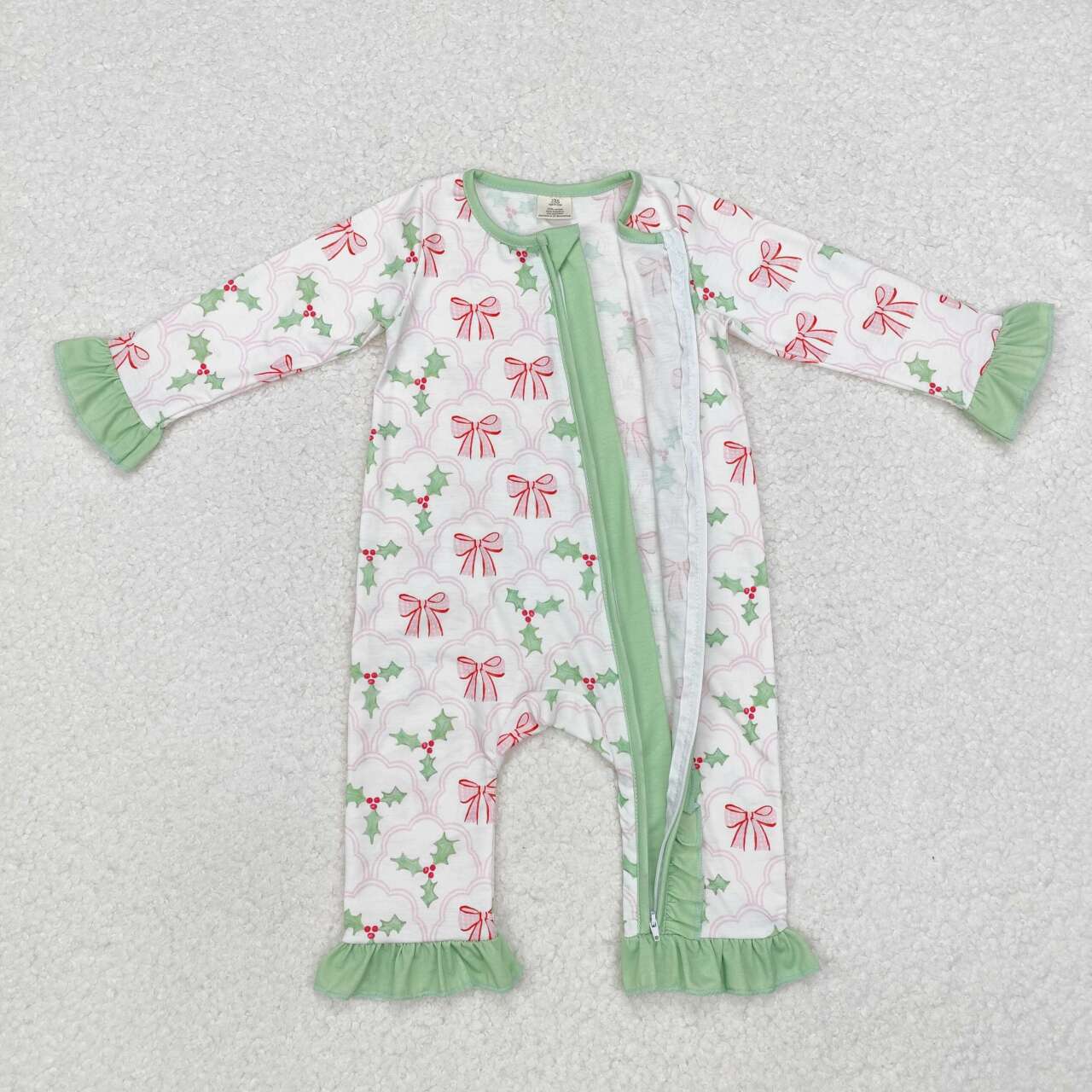 wholesale kids christmas holly bow print long sleeve romper