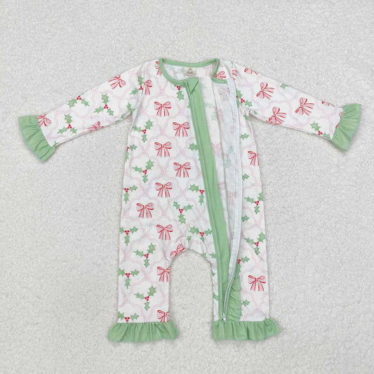 wholesale kids christmas holly bow print long sleeve romper