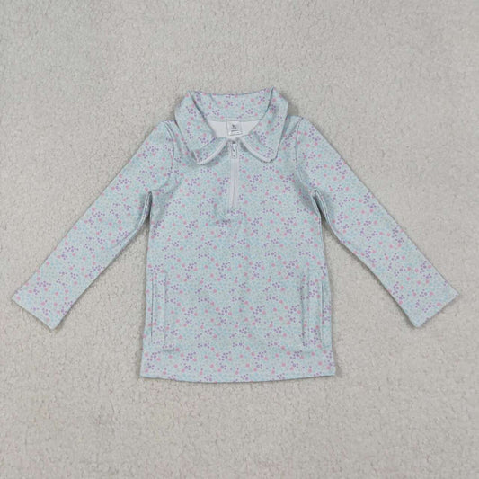 Blue pink flowers design girls long sleeve pullover