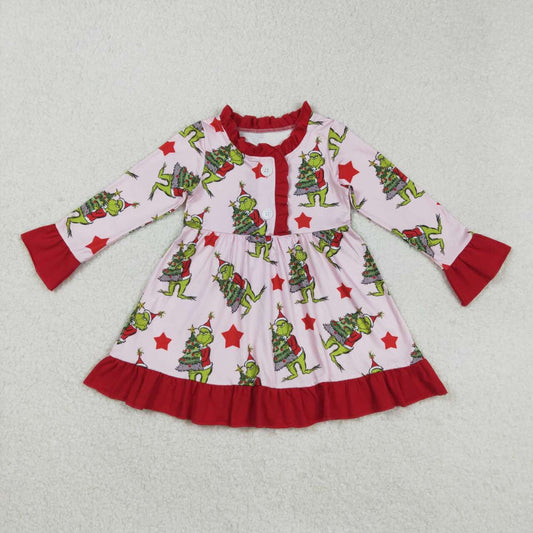Christmas tree green face girls long sleeve dress