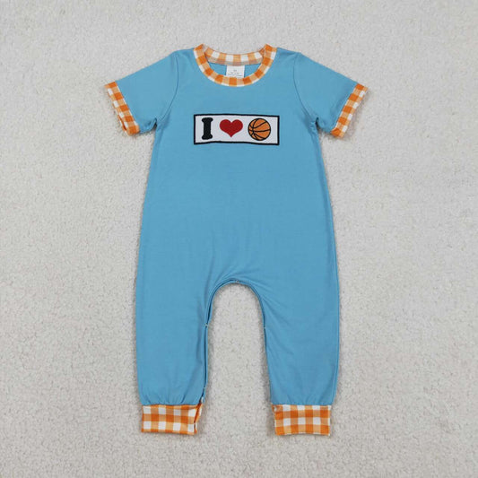 Baby boy I love basketball short sleeve embroidery romper