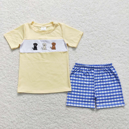 boy embroidery dog shirt blue gingham shorts outfit