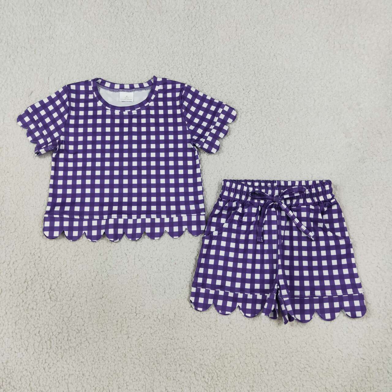 Purple plaid design top matching shorts girls summer outfit