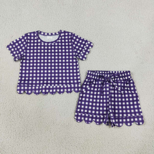 Purple plaid design top matching shorts girls summer outfit