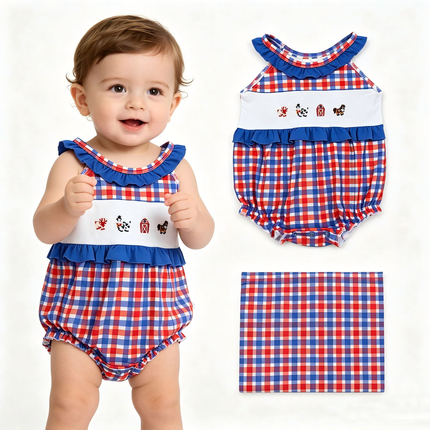 Embroidery Farm animal design baby girls romper