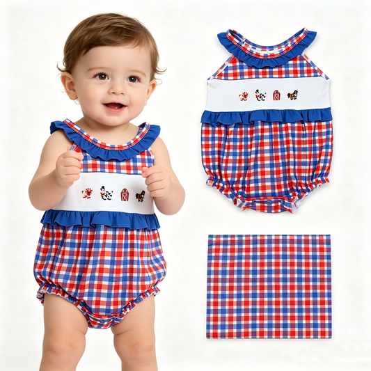 Embroidery Farm animal design baby girls romper
