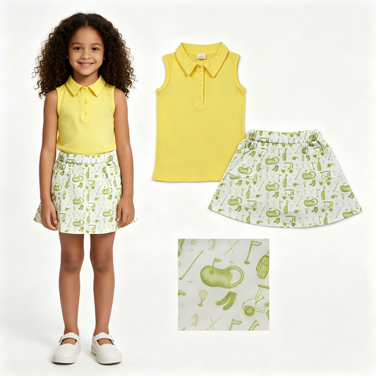 Yellow polo shirt gold shorts kids girls summer outfit