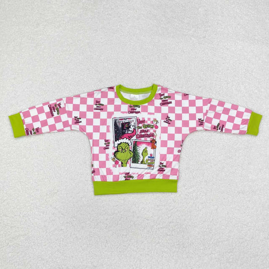 Christmas green face pink checkered long sleeve  top