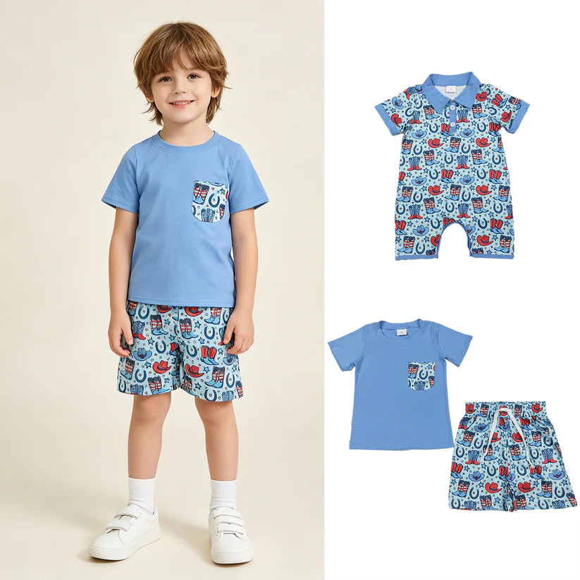 Western cowboy july 4th pocket top matching shorts boys summer outfit