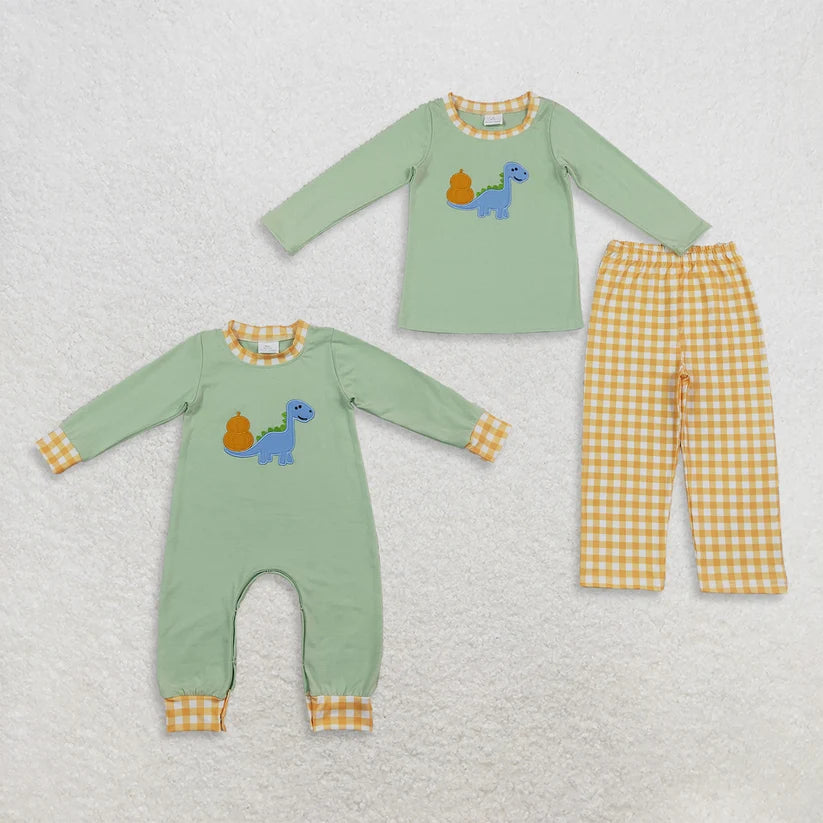 Long sleeve embroidery dinosaur pumpkin top matching pants girl wholesale factory price outfit