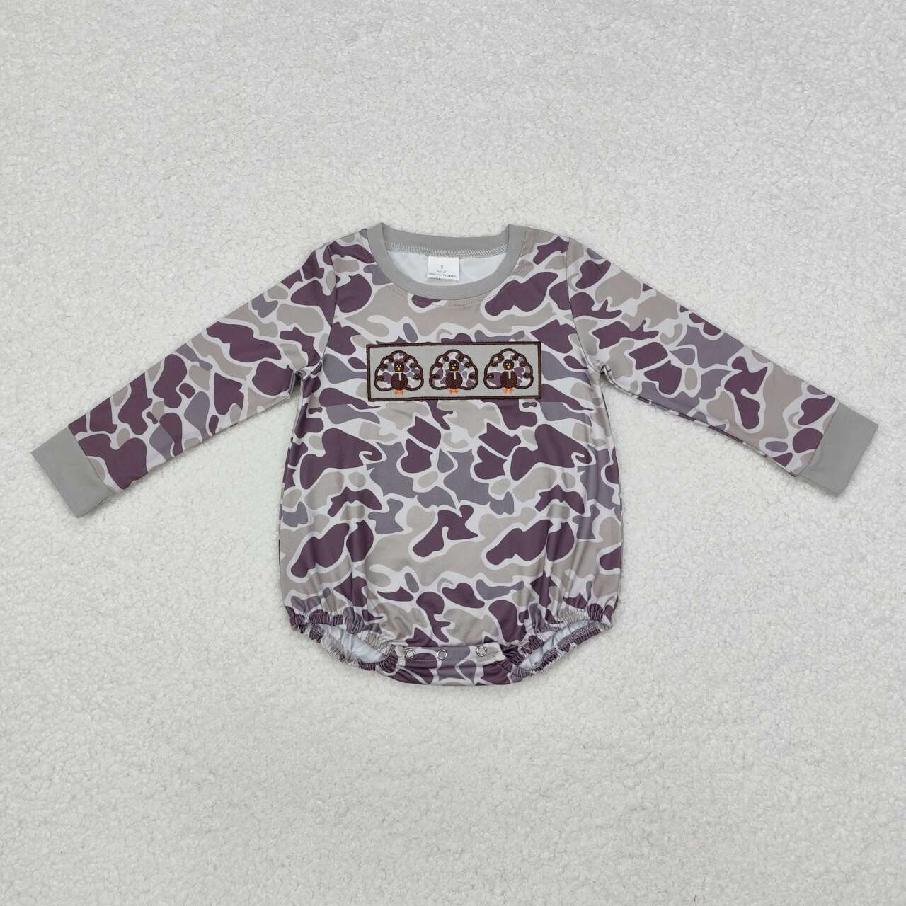 Embroidery Thanksgiving Turkey baby boy long sleeve grey camo romper