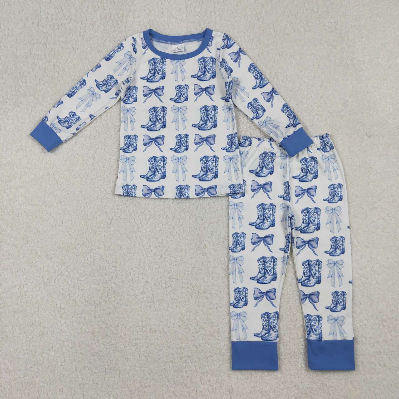 blue bow boots girls long sleeve pajama set
