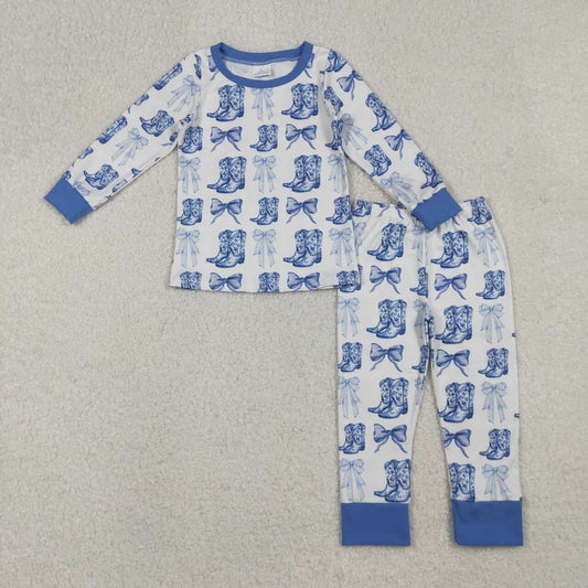 blue bow boots girls long sleeve pajama set