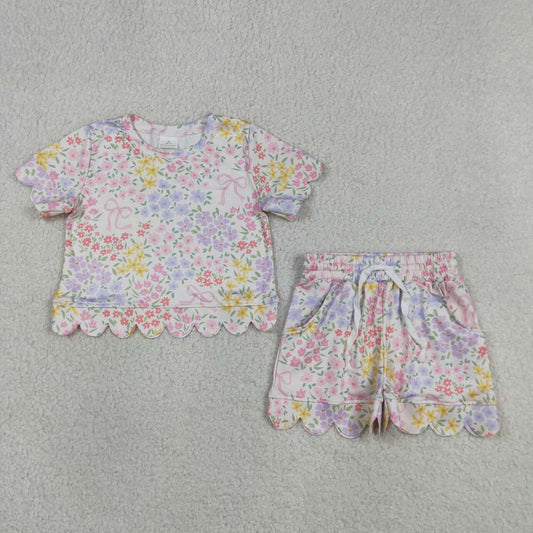 Pink bow Flowers design baby girl summer outfit