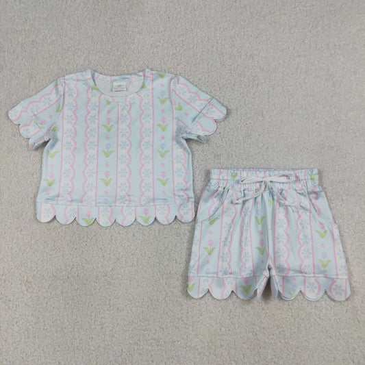 Blue flowers design top matching shorts girls summer outfit