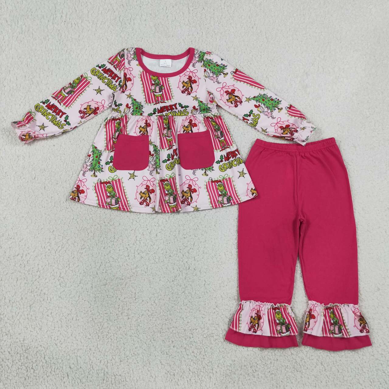 Christmas green face long sleeve top matching pants girl outfit