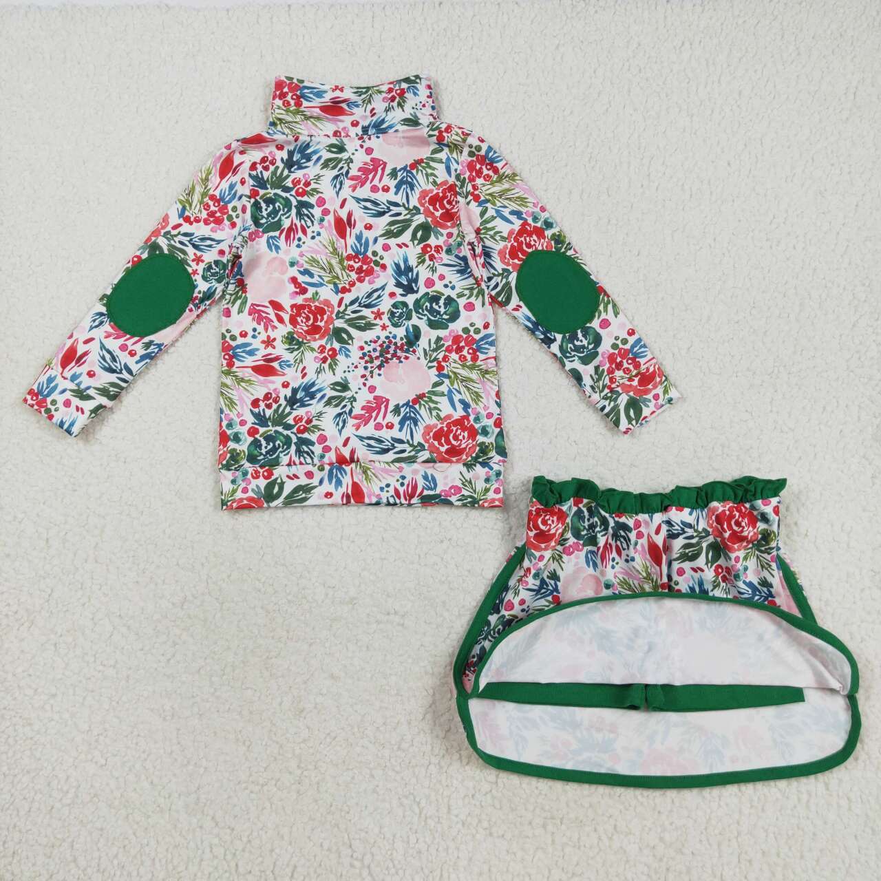 Toddle girls green red floral design top matching skirt outfit