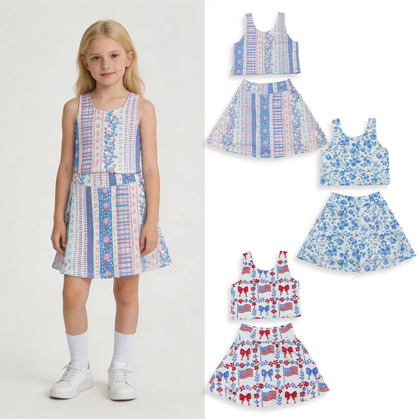 Toddle baby girls pink blue floral active wear athletic summer yoga skort set