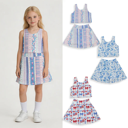 Toddle baby girls pink blue floral active wear athletic summer yoga skort set