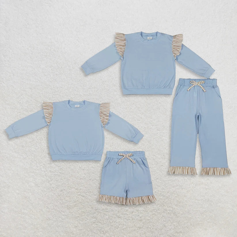 Blue color long sleeve top matching pants girls spring fall outfit