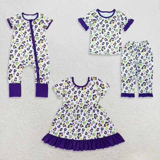 Mardi Gras short sleeve top matching pans girls outfit