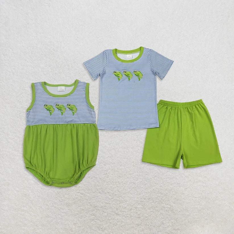 Embroidery Fishing short sleeve top matching shorts boy summer outfit