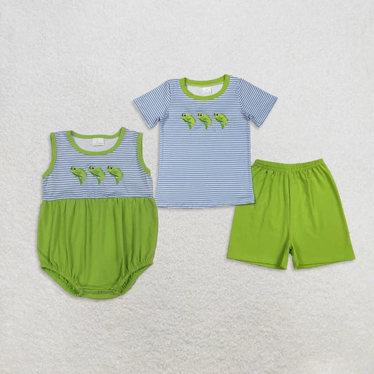 Embroidery Fishing short sleeve top matching shorts boy summer outfit