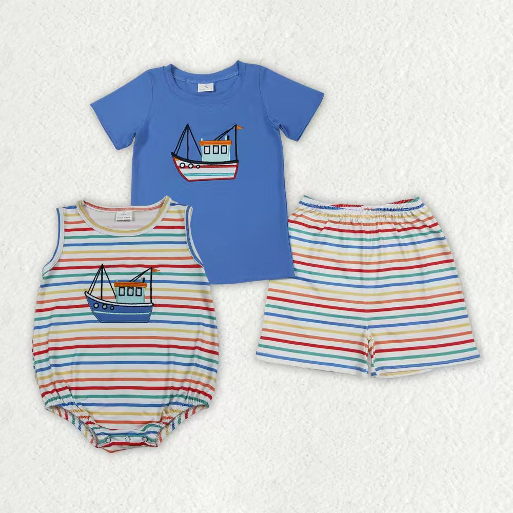 Embroidery Sailboat top matching shorts boy outfit
