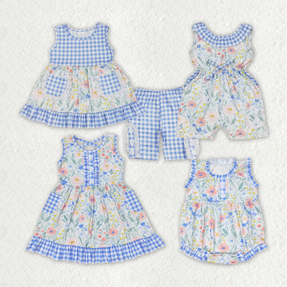 best sister blue floral boutique matching clothing set wholesale baby clothes