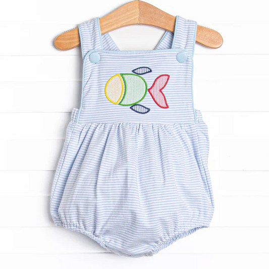 infant baby girls blue stripes sea fish romper