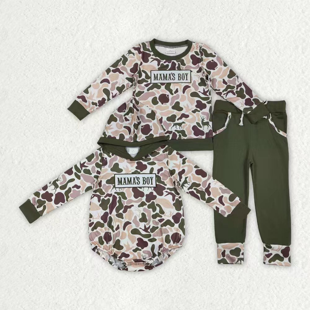 Embroidery mamas boy dark green camo top matching pants outfit