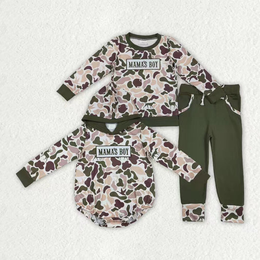 Embroidery mamas boy dark green camo top matching pants outfit