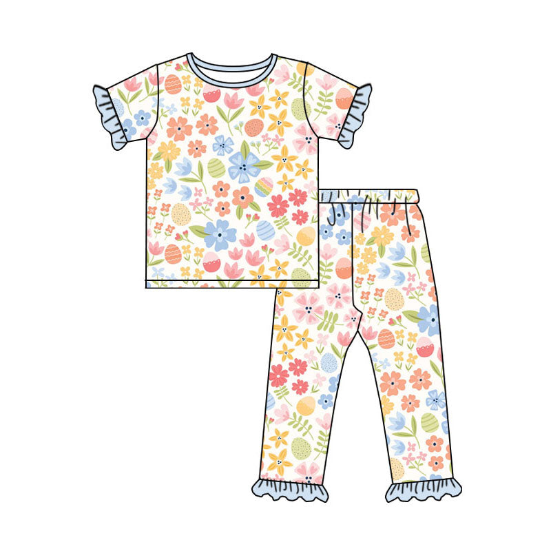 Flowers print kids long sleeve pajama set wholesal factory price