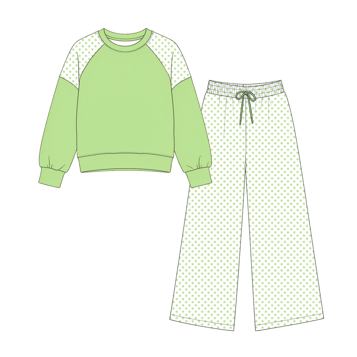 Lime green color polka dots design long sleeve top pants set
