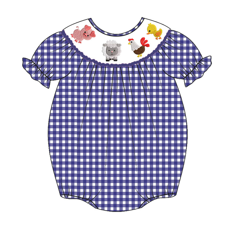 Newborn baby girls farm animal blue gingham romper