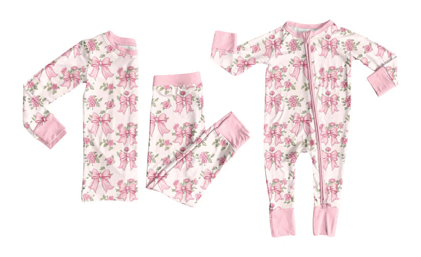 Pink bow design baby long sleeve matching clothes whoesale price