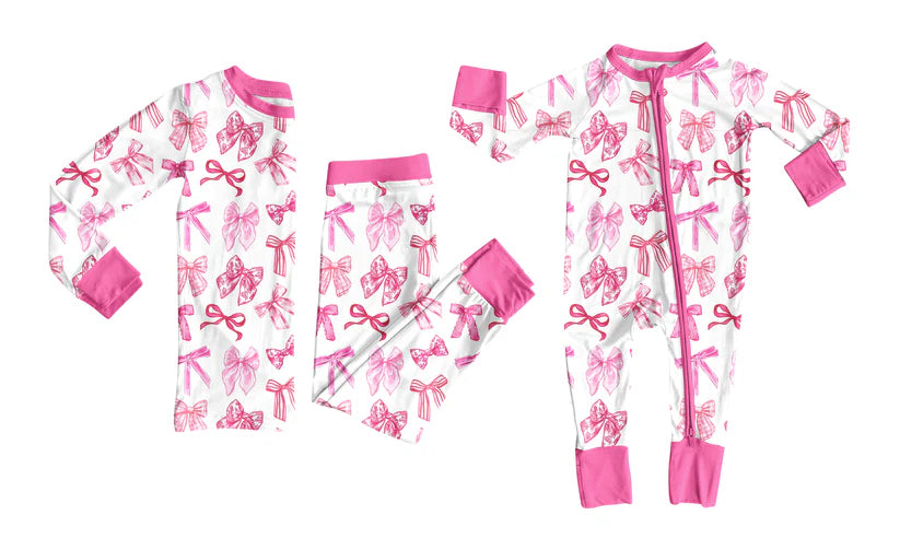 Pink bow design baby long sleeve matching clothes whoesale price