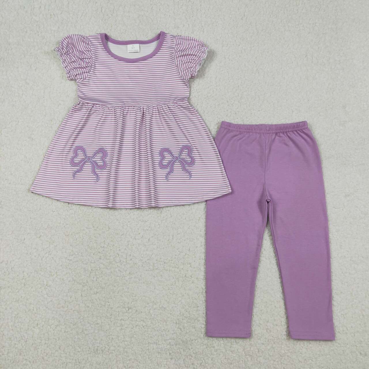 Embroidery Lavender bow short sleeve top matching pants baby girl outfit
