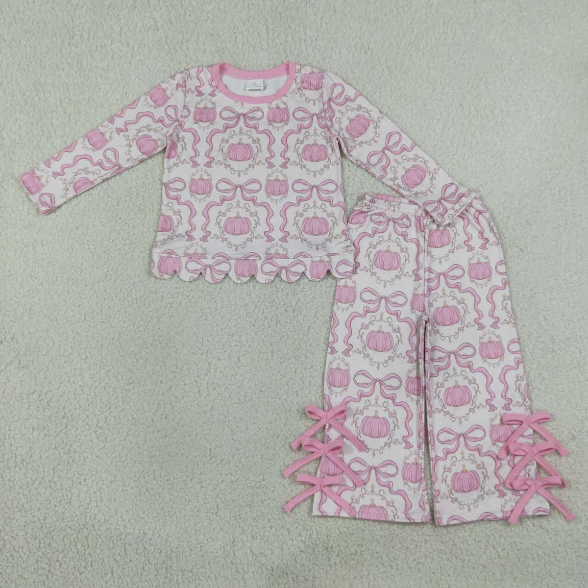 Pink bow pumpkins long sleeve top matching pants girls outfit