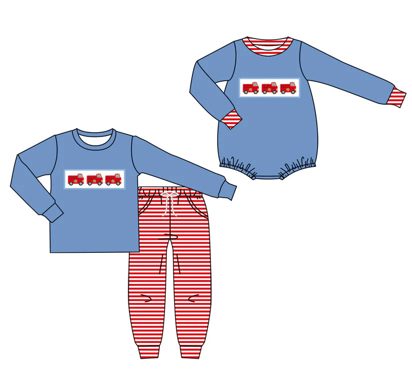 fire fighting truck design baby long sleeve matching clothes whoesale price