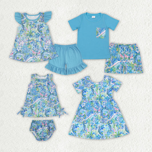 sister brother toddle baby blue floral boutique clothing set