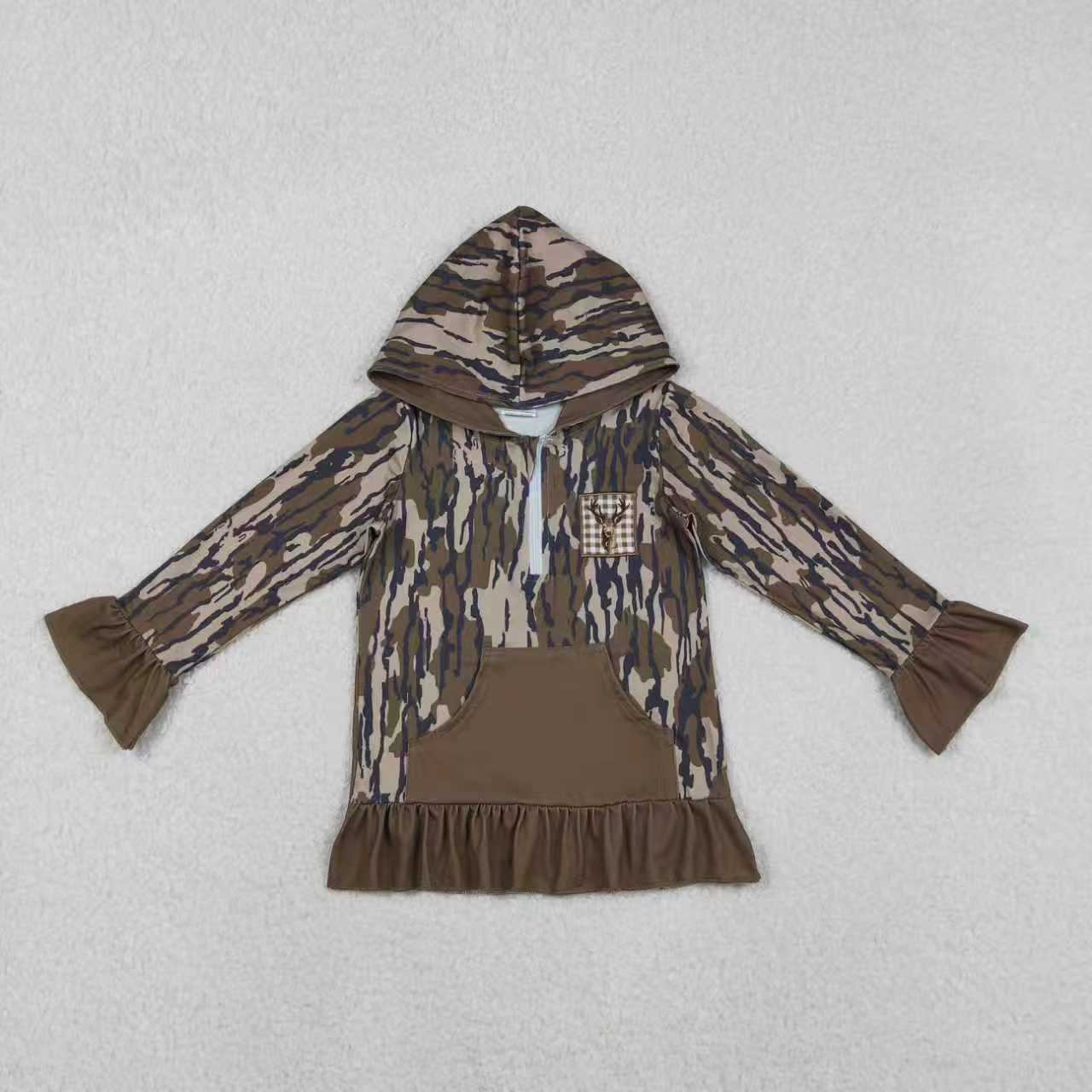 Baby girl grey camo dog duck embroidery design long sleeve hoodie top