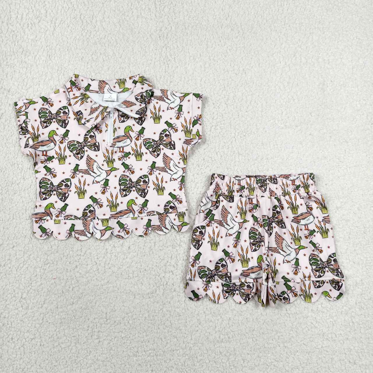 Green camo bow duck pullover op matching shorts  SET toddle baby girl ROMPER